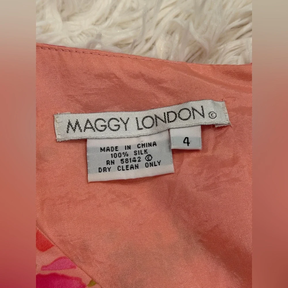 Vintage Maggy London 100% Silk Floral Midi Dress 4 Ruffle Tie Front Pink‎ Garden